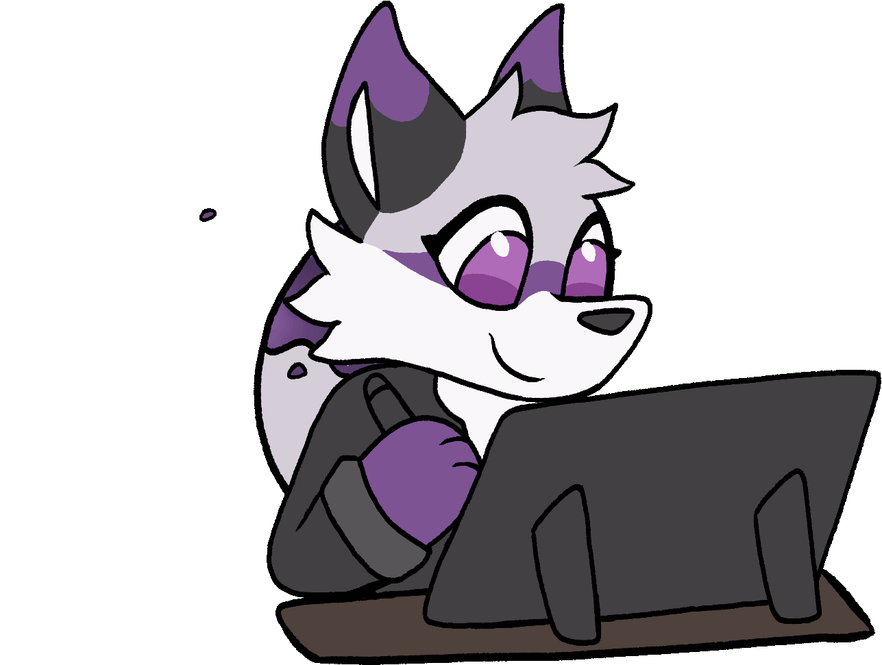 Animated cartoon of a gray-and-purple fox drawing on a tablet.